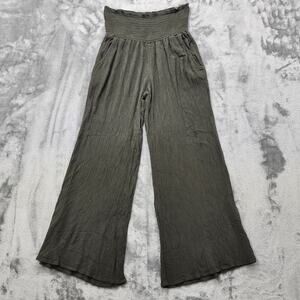 Mahina Pants Women M Green Crepe Rayon Pull On High Rise Smocked Waist Wide Leg